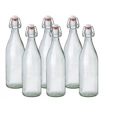 Facetted Clear Glass Bottle with Stainless Steel Shackled Ceramic Closure.1 Litre.Set of 6